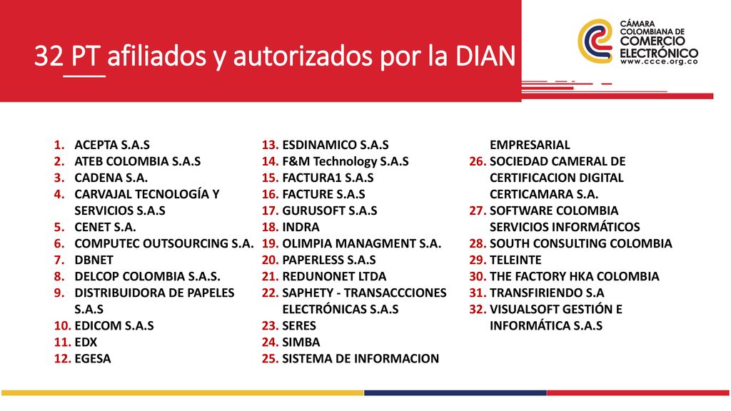 32 PT afiliados y autorizados por la DIAN