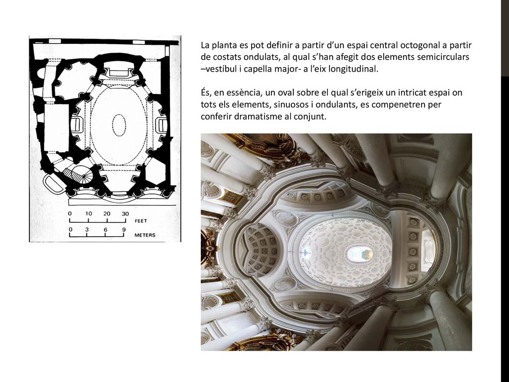 La planta es pot definir a partir d’un espai central octogonal a partir de costats ondulats, al qual s’han afegit dos elements semicirculars –vestíbul i capella major- a l’eix longitudinal.