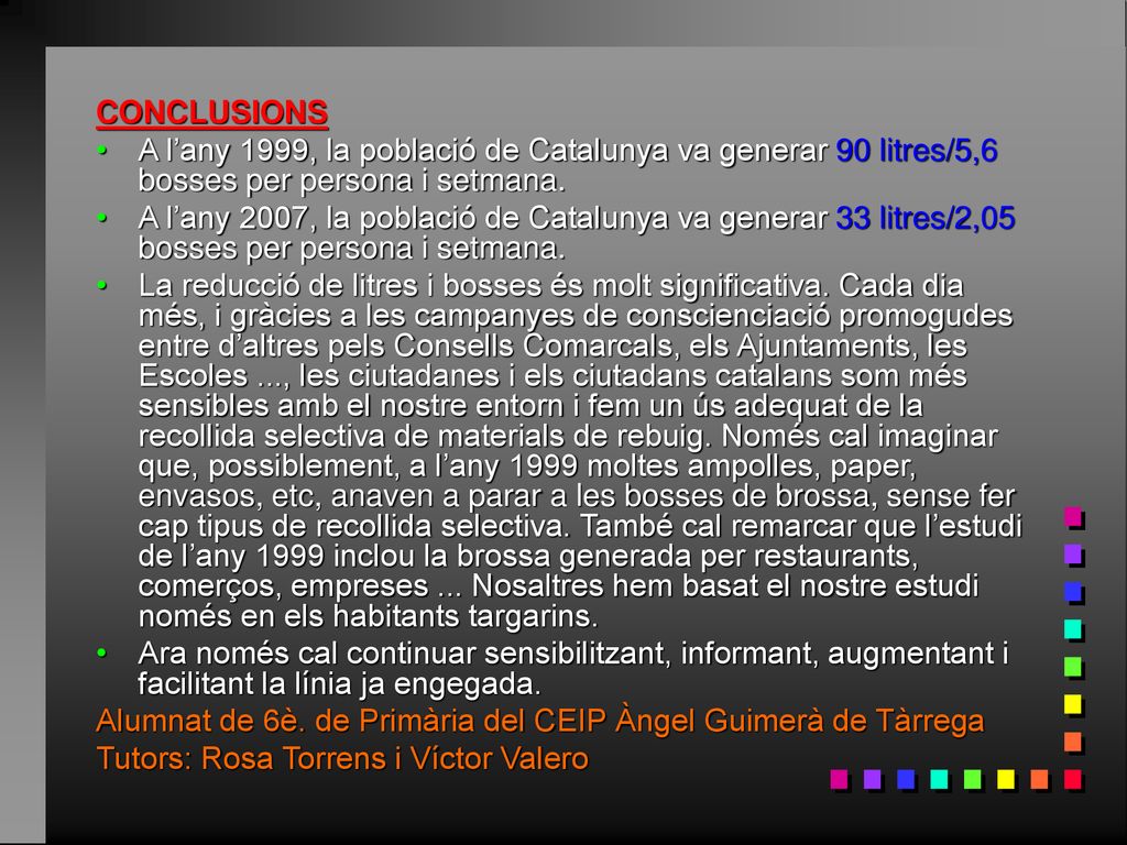 CONCLUSIONS A l’any 1999, la població de Catalunya va generar 90 litres/5,6 bosses per persona i setmana.