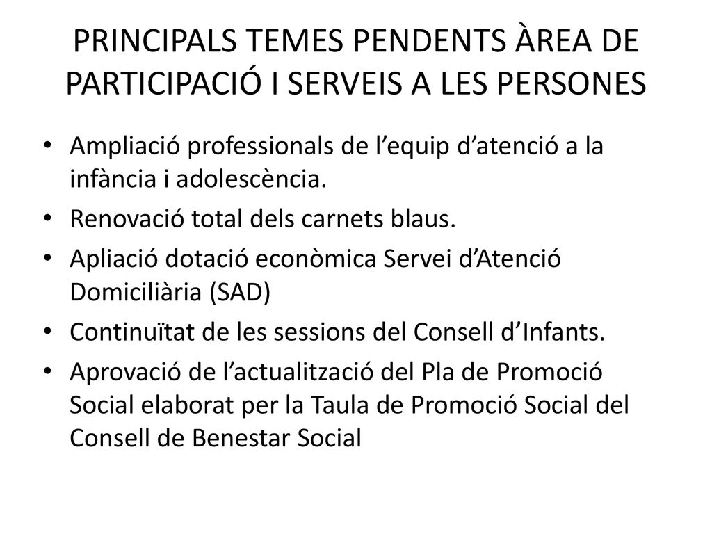 PRINCIPALS TEMES PENDENTS ÀREA DE PARTICIPACIÓ I SERVEIS A LES PERSONES