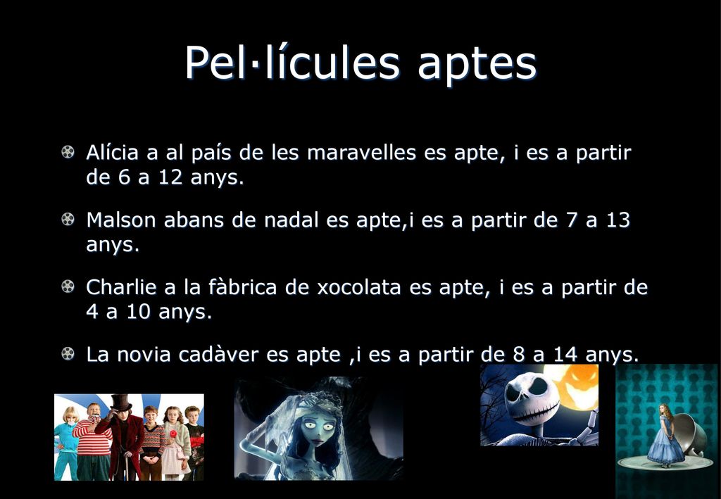 Pel·lícules aptes Alícia a al país de les maravelles es apte, i es a partir de 6 a 12 anys.