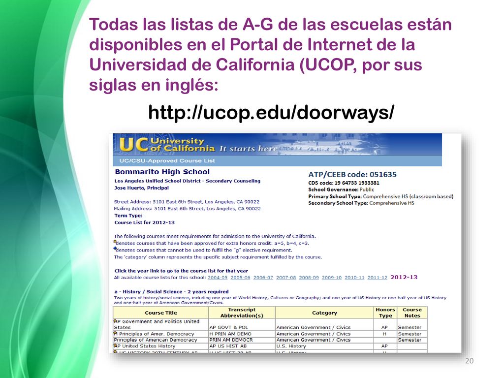 Todas las listas de A-G de las escuelas están disponibles en el Portal de Internet de la Universidad de California (UCOP, por sus siglas en inglés: