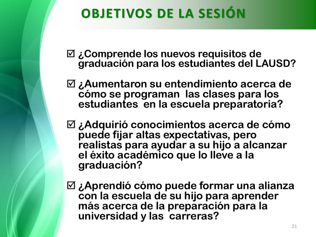 OBJETIVOS DE LA SESIÓN ¿Comprende los nuevos requisitos de graduación para los estudiantes del LAUSD