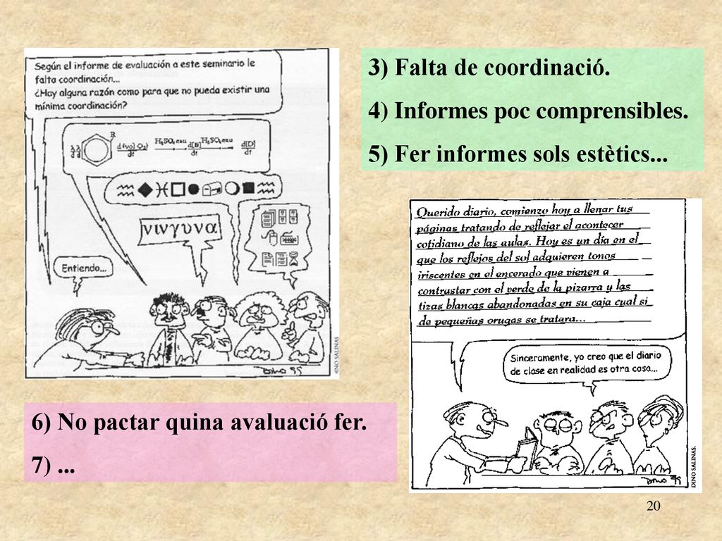 3) Falta de coordinació. 4) Informes poc comprensibles. 5) Fer informes sols estètics... 6) No pactar quina avaluació fer.