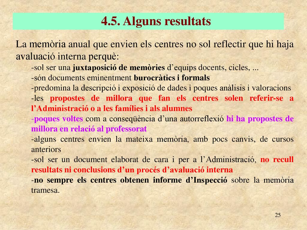 4.5. Alguns resultats La memòria anual que envien els centres no sol reflectir que hi haja avaluació interna perquè: