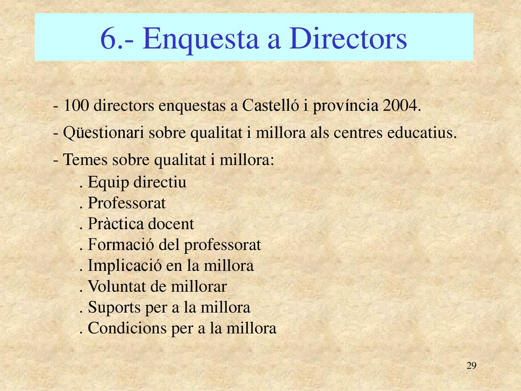 6.- Enquesta a Directors directors enquestas a Castelló i província Qüestionari sobre qualitat i millora als centres educatius.
