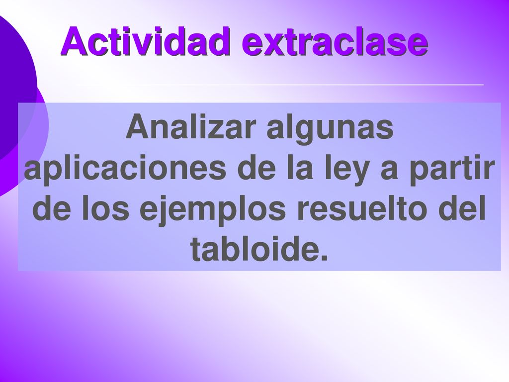 Actividad extraclase Analizar algunas aplicaciones de la ley a partir de los ejemplos resuelto del tabloide.