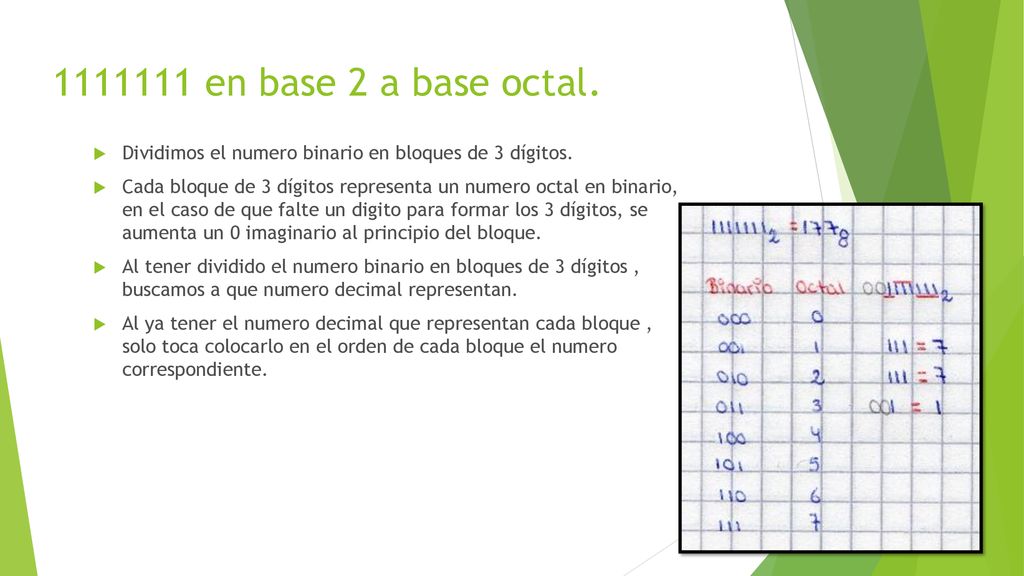 en base 2 a base octal. Dividimos el numero binario en bloques de 3 dígitos.