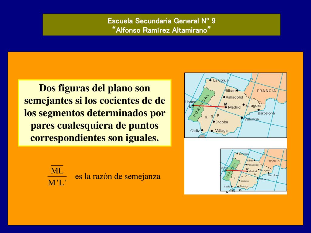 Dos figuras del plano son semejantes si los cocientes de de los segmentos determinados por pares cualesquiera de puntos correspondientes son iguales.