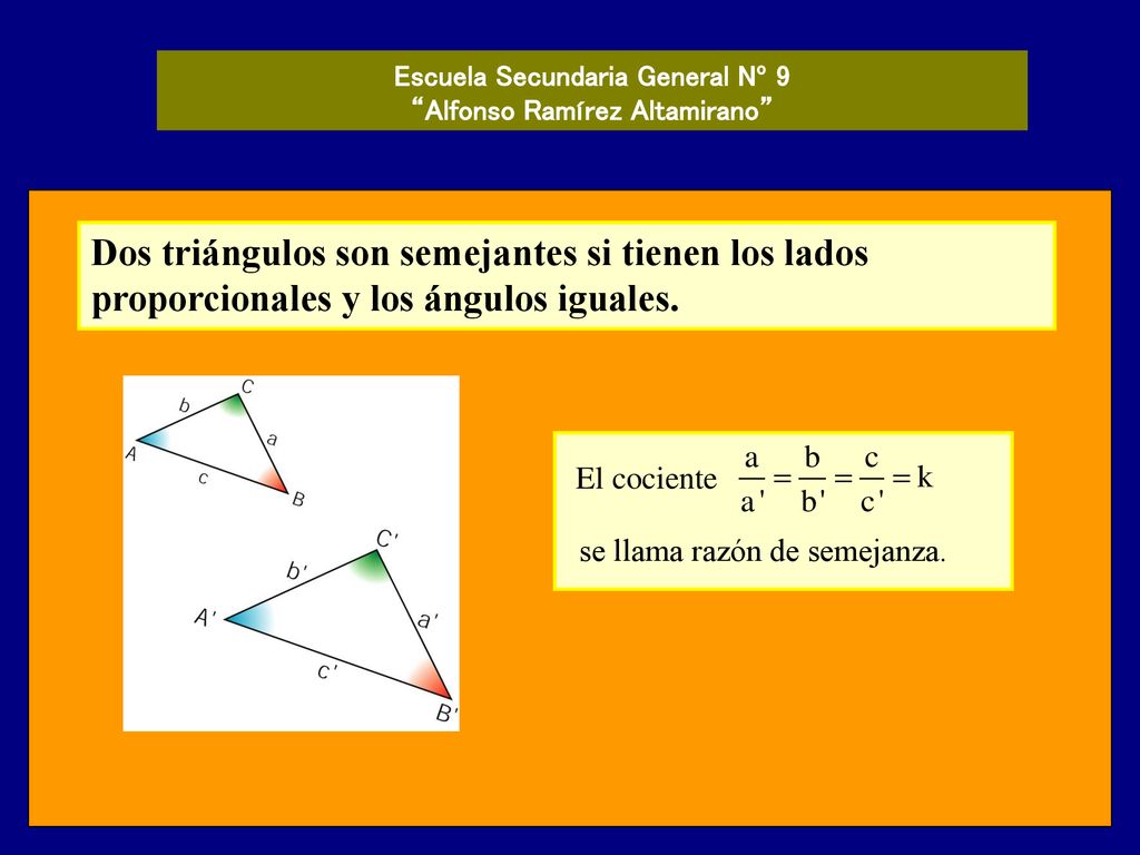 Dos triángulos son semejantes si tienen los lados proporcionales y los ángulos iguales.