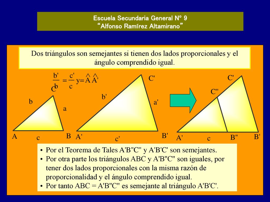 Dos triángulos son semejantes si tienen dos lados proporcionales y el ángulo comprendido igual.