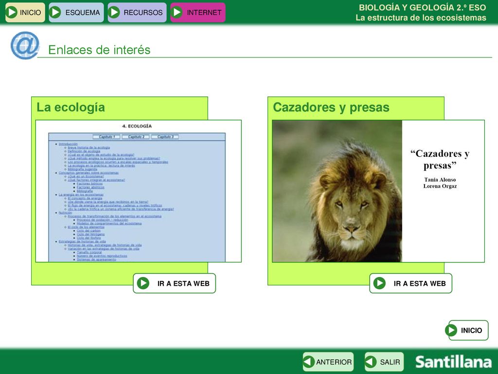 Enlaces de interés La ecología Cazadores y presas INICIO ESQUEMA