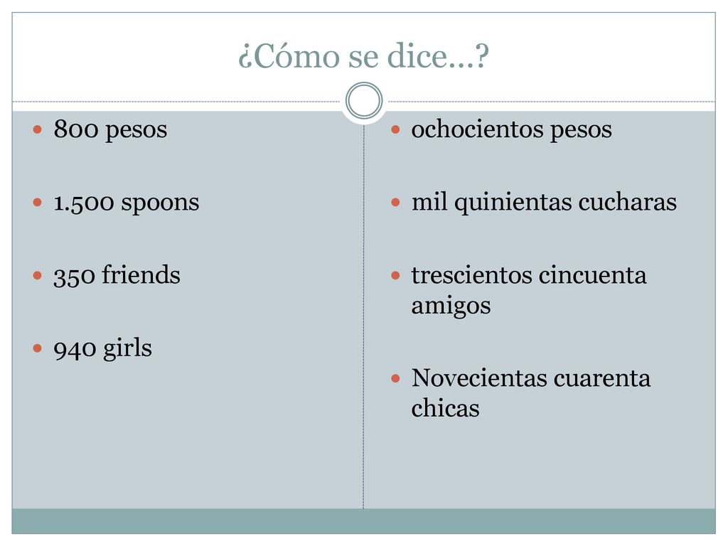 ¿Cómo se dice… 800 pesos spoons 350 friends 940 girls