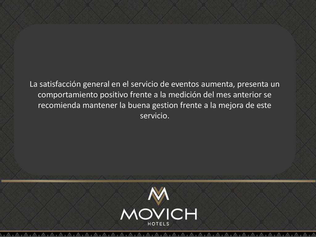 La satisfacción general en el servicio de eventos aumenta, presenta un comportamiento positivo frente a la medición del mes anterior se recomienda mantener la buena gestion frente a la mejora de este servicio.