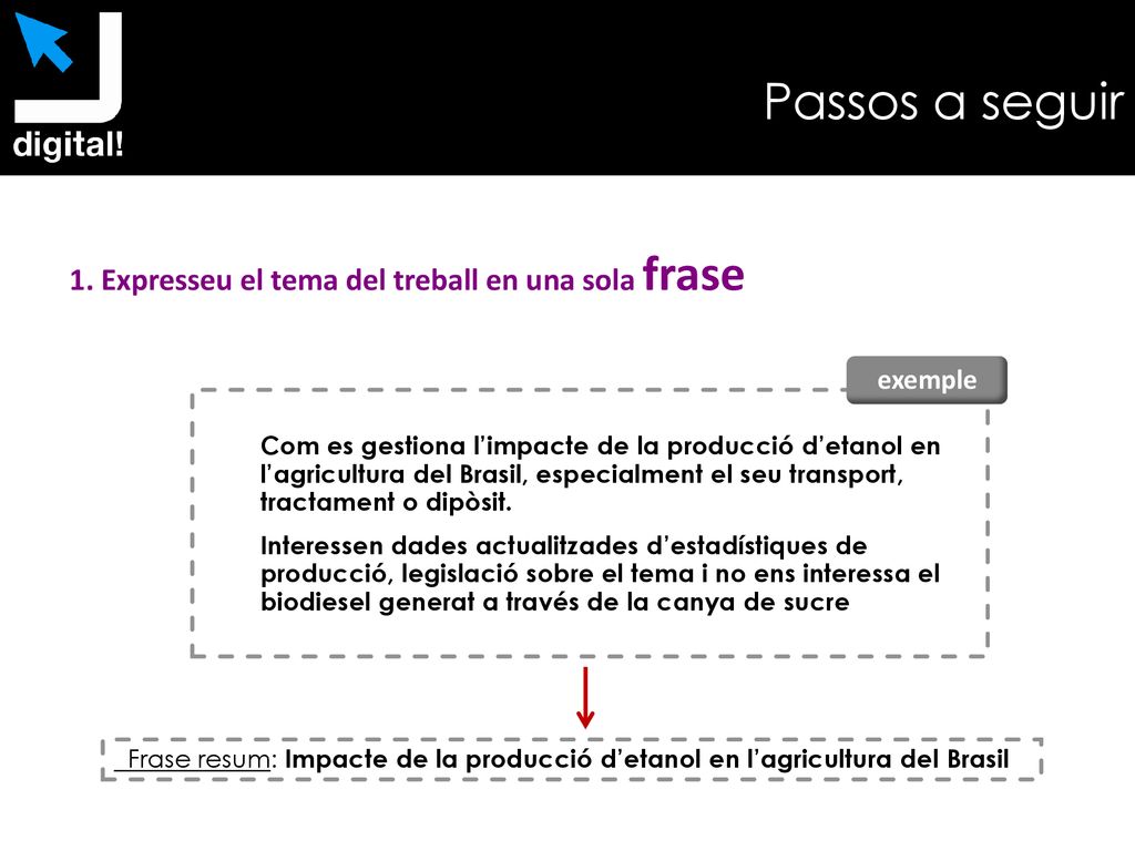 Passos a seguir 1. Expresseu el tema del treball en una sola frase