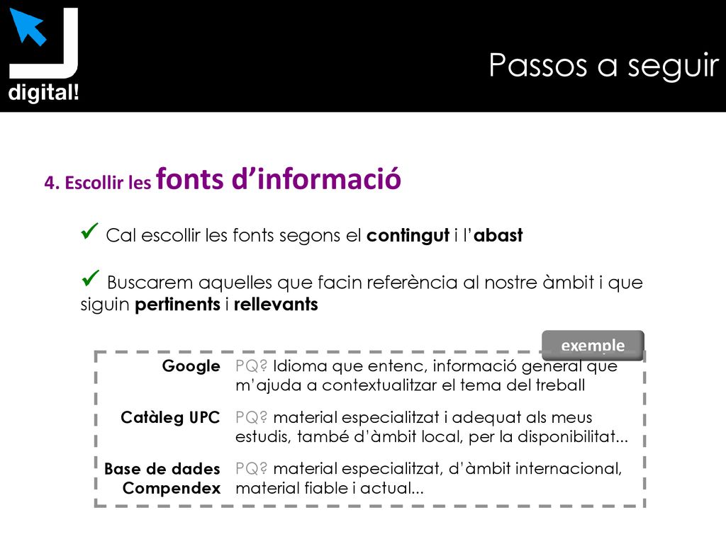 Passos a seguir 4. Escollir les fonts d’informació.  Cal escollir les fonts segons el contingut i l’abast.