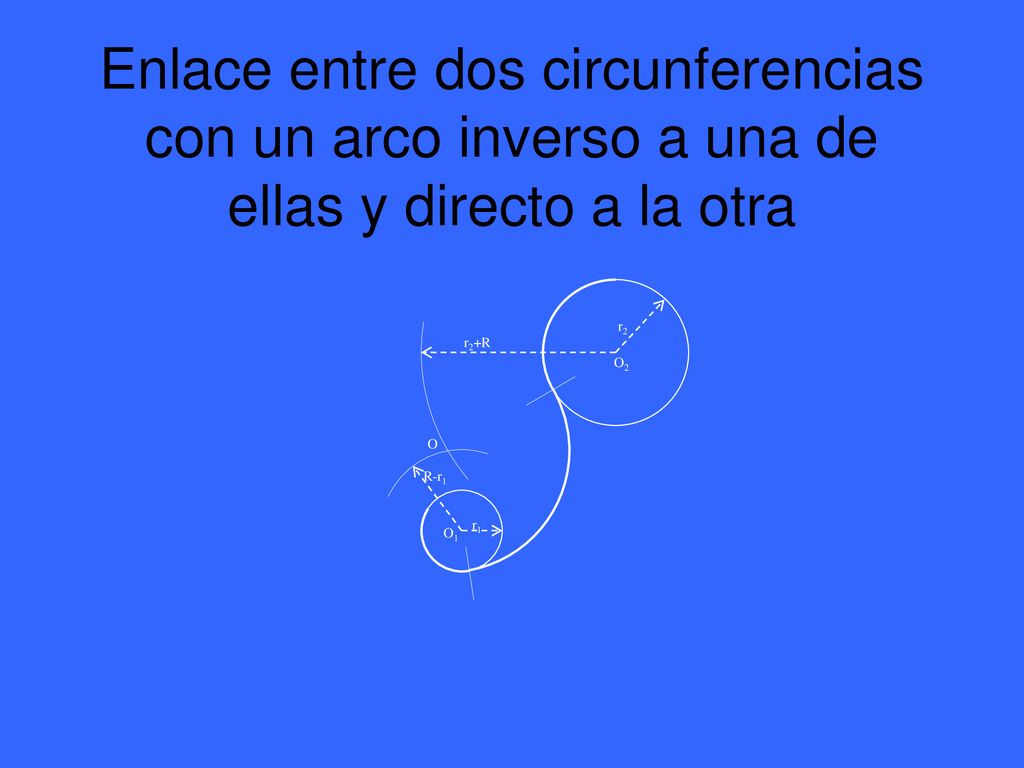 Enlace entre dos circunferencias con un arco inverso a una de ellas y directo a la otra
