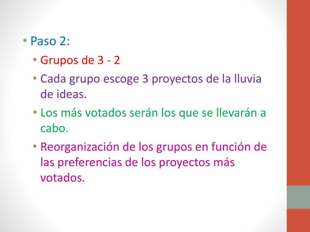 Paso 2: Grupos de Cada grupo escoge 3 proyectos de la lluvia de ideas. Los más votados serán los que se llevarán a cabo.