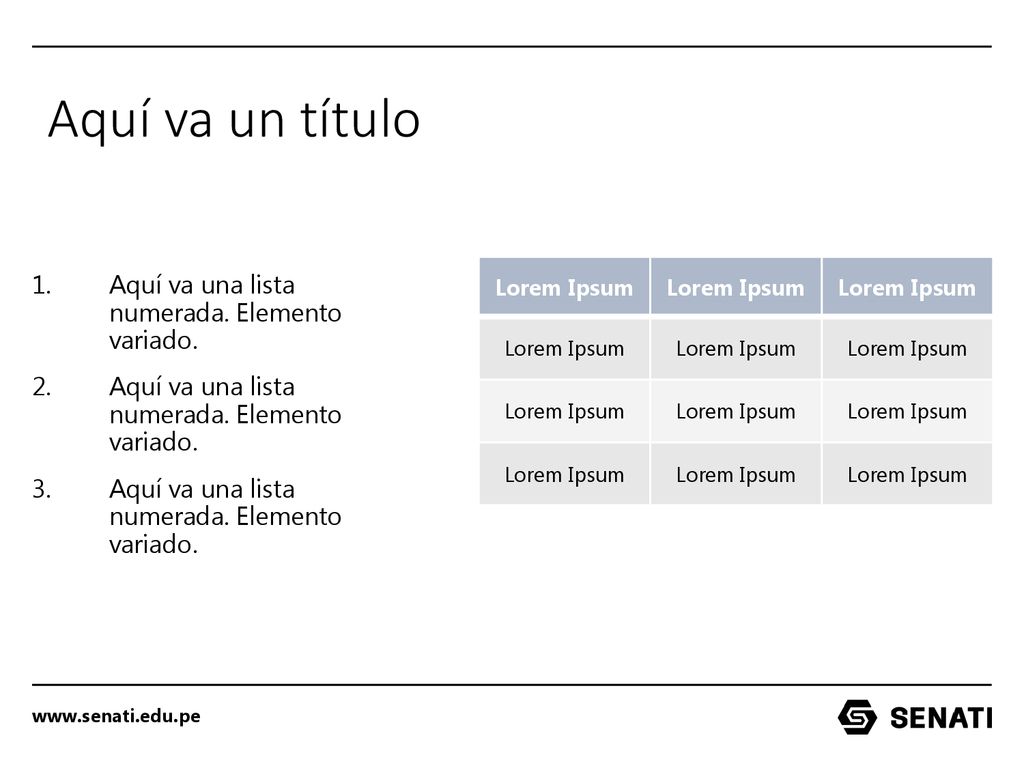 Aquí va un título Aquí va una lista numerada. Elemento variado.