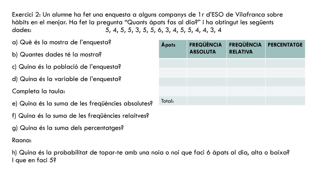 a) Què és la mostra de l’enquesta b) Quantes dades té la mostra