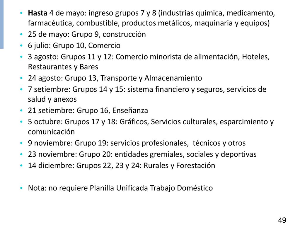 Hasta 4 de mayo: ingreso grupos 7 y 8 (industrias química, medicamento, farmacéutica, combustible, productos metálicos, maquinaria y equipos)