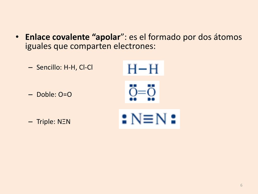 Enlace covalente apolar : es el formado por dos átomos iguales que comparten electrones: