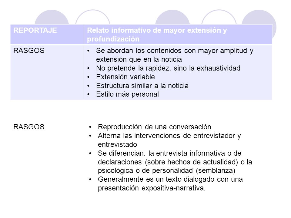 REPORTAJE Relato informativo de mayor extensión y profundización. RASGOS.