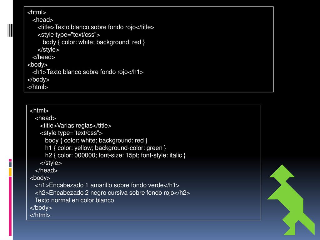 <html> <head> <title>Texto blanco sobre fondo rojo</title> <style type= text/css > body { color: white; background: red }