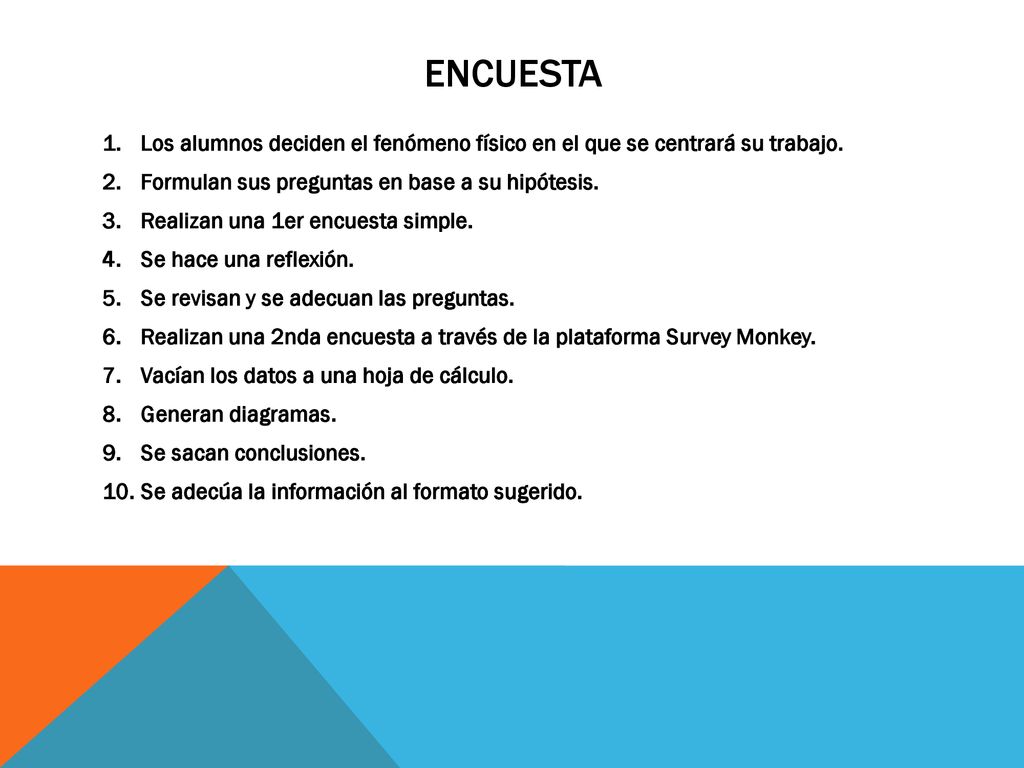 Encuesta Los alumnos deciden el fenómeno físico en el que se centrará su trabajo. Formulan sus preguntas en base a su hipótesis.