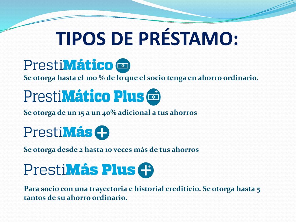 TIPOS DE PRÉSTAMO: Se otorga hasta el 100 % de lo que el socio tenga en ahorro ordinario. Se otorga de un 15 a un 40% adicional a tus ahorros.