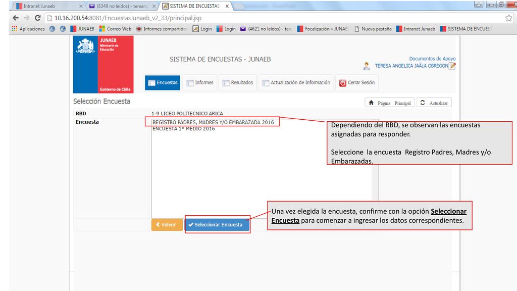 Dependiendo del RBD, se observan las encuestas asignadas para responder.