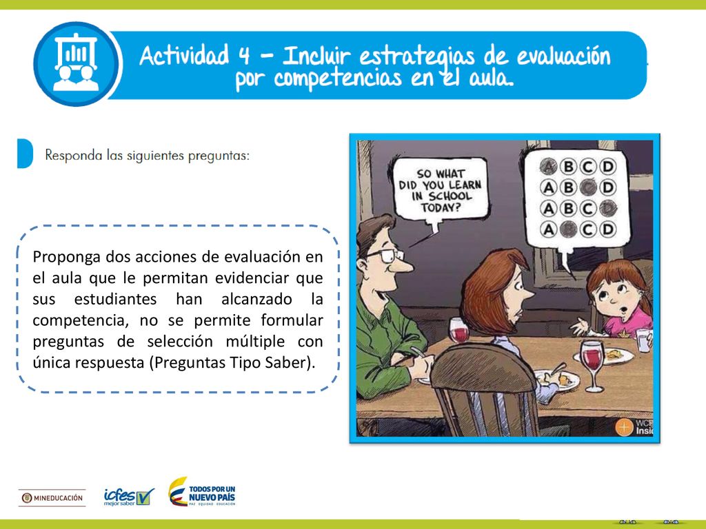 Proponga dos acciones de evaluación en el aula que le permitan evidenciar que sus estudiantes han alcanzado la competencia, no se permite formular preguntas de selección múltiple con única respuesta (Preguntas Tipo Saber).