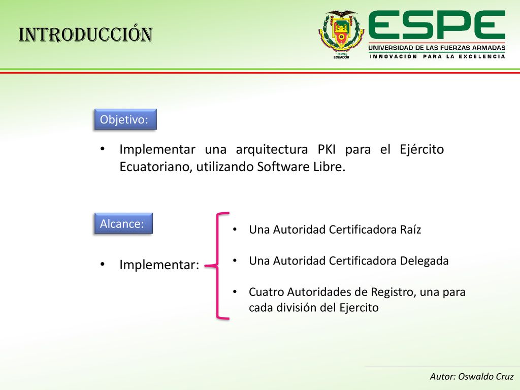 Introducción Objetivo: Implementar una arquitectura PKI para el Ejército Ecuatoriano, utilizando Software Libre.
