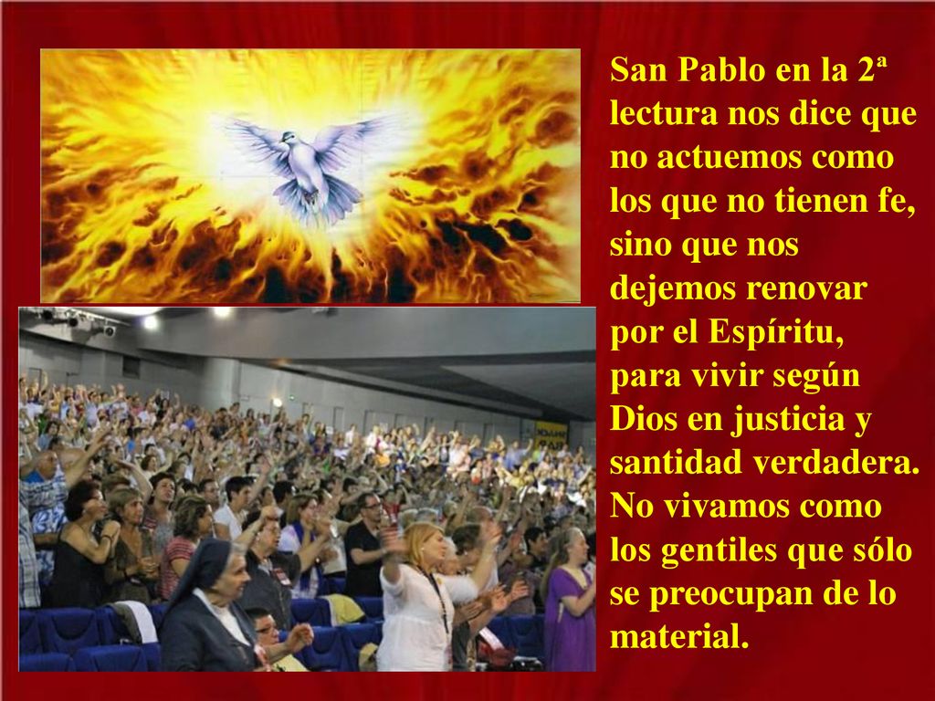 San Pablo en la 2ª lectura nos dice que no actuemos como los que no tienen fe, sino que nos dejemos renovar por el Espíritu, para vivir según Dios en justicia y santidad verdadera.