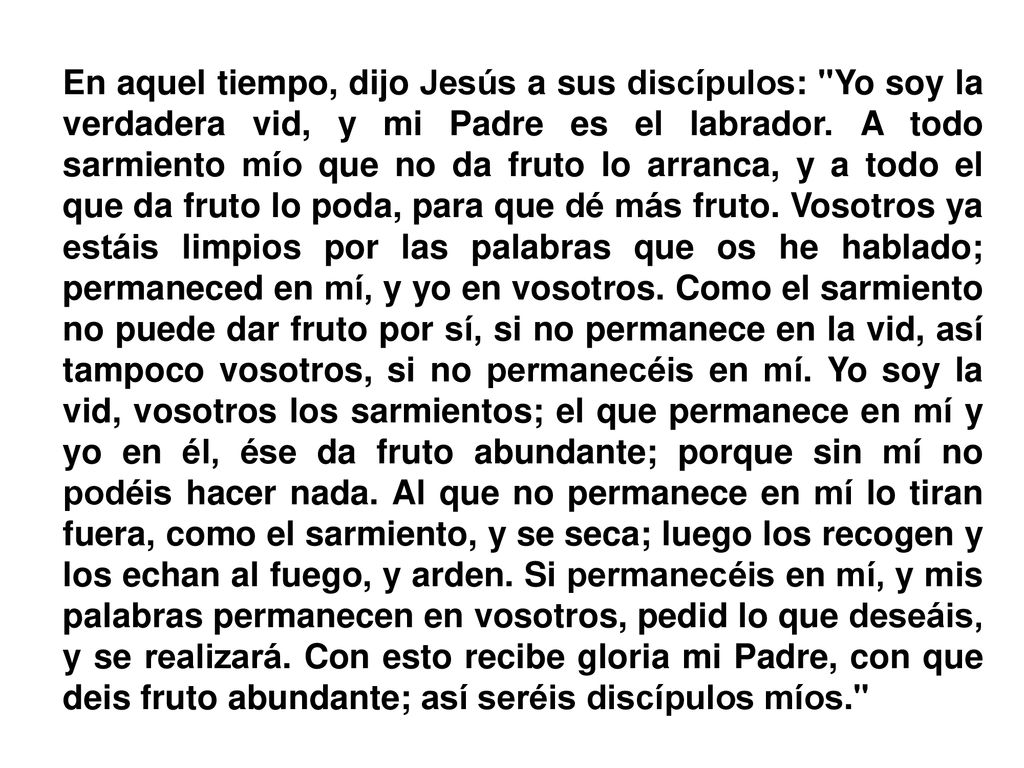 En aquel tiempo, dijo Jesús a sus discípulos: Yo soy la verdadera vid, y mi Padre es el labrador.