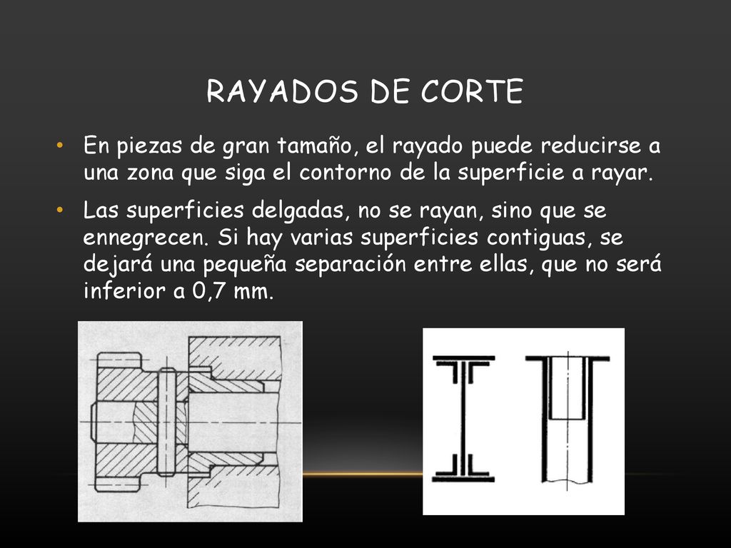 Rayados de corte En piezas de gran tamaño, el rayado puede reducirse a una zona que siga el contorno de la superficie a rayar.