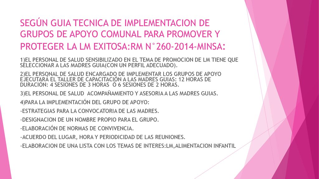 SEGÚN GUIA TECNICA DE IMPLEMENTACION DE GRUPOS DE APOYO COMUNAL PARA PROMOVER Y PROTEGER LA LM EXITOSA:RM N° MINSA: