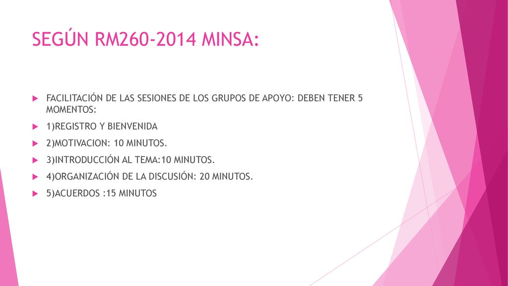 SEGÚN RM MINSA: FACILITACIÓN DE LAS SESIONES DE LOS GRUPOS DE APOYO: DEBEN TENER 5 MOMENTOS: