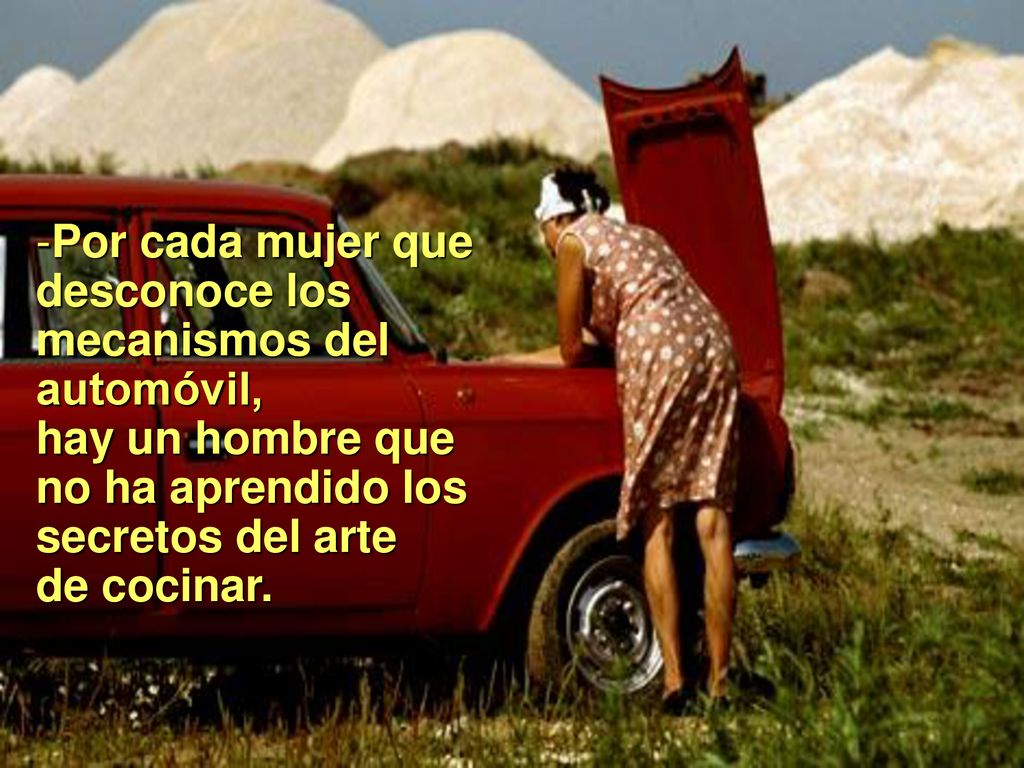 Por cada mujer que desconoce los mecanismos del automóvil, hay un hombre que no ha aprendido los secretos del arte de cocinar.