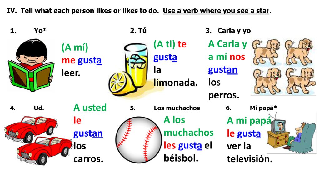 A Carla y a mí nos gustan los perros. (A mí) me gusta leer.