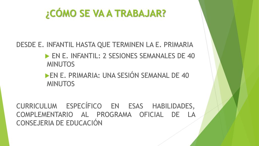 ¿CÓMO SE VA A TRABAJAR DESDE E. INFANTIL HASTA QUE TERMINEN LA E. PRIMARIA. EN E. INFANTIL: 2 SESIONES SEMANALES DE 40 MINUTOS.