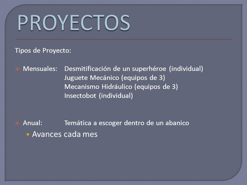 PROYECTOS Avances cada mes Tipos de Proyecto: