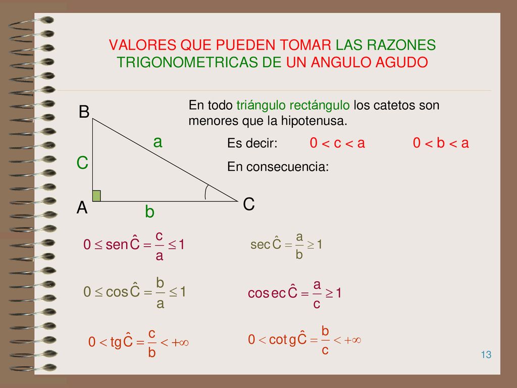 VALORES QUE PUEDEN TOMAR LAS RAZONES TRIGONOMETRICAS DE UN ANGULO AGUDO