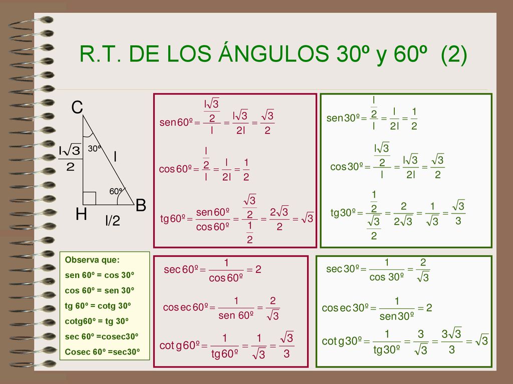 R.T. DE LOS ÁNGULOS 30º y 60º (2) C B H l l/2 30º 60º Observa que:
