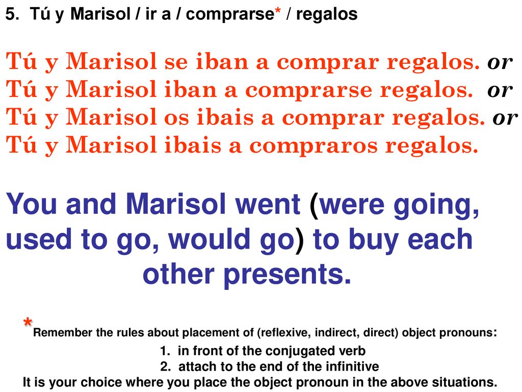 You and Marisol went (were going, used to go, would go) to buy each