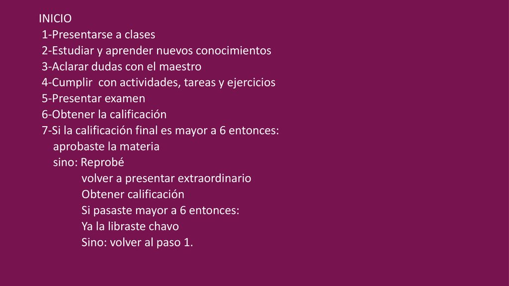 INICIO 1-Presentarse a clases 2-Estudiar y aprender nuevos conocimientos 3-Aclarar dudas con el maestro 4-Cumplir con actividades, tareas y ejercicios 5-Presentar examen 6-Obtener la calificación 7-Si la calificación final es mayor a 6 entonces: aprobaste la materia sino: Reprobé volver a presentar extraordinario Obtener calificación Si pasaste mayor a 6 entonces: Ya la libraste chavo Sino: volver al paso 1.