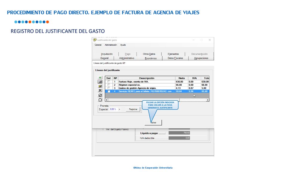 PROCEDIMIENTO DE PAGO DIRECTO. EJEMPLO DE FACTURA DE AGENCIA DE VIAJES