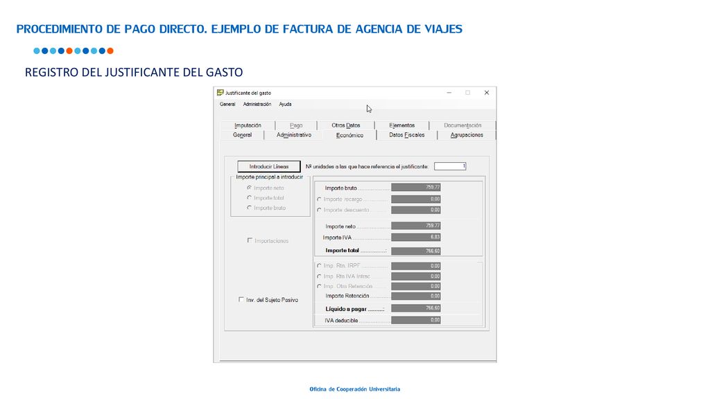 PROCEDIMIENTO DE PAGO DIRECTO. EJEMPLO DE FACTURA DE AGENCIA DE VIAJES