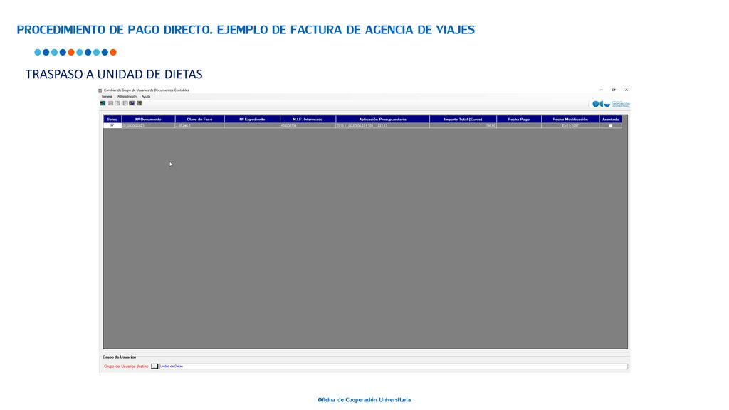 PROCEDIMIENTO DE PAGO DIRECTO. EJEMPLO DE FACTURA DE AGENCIA DE VIAJES