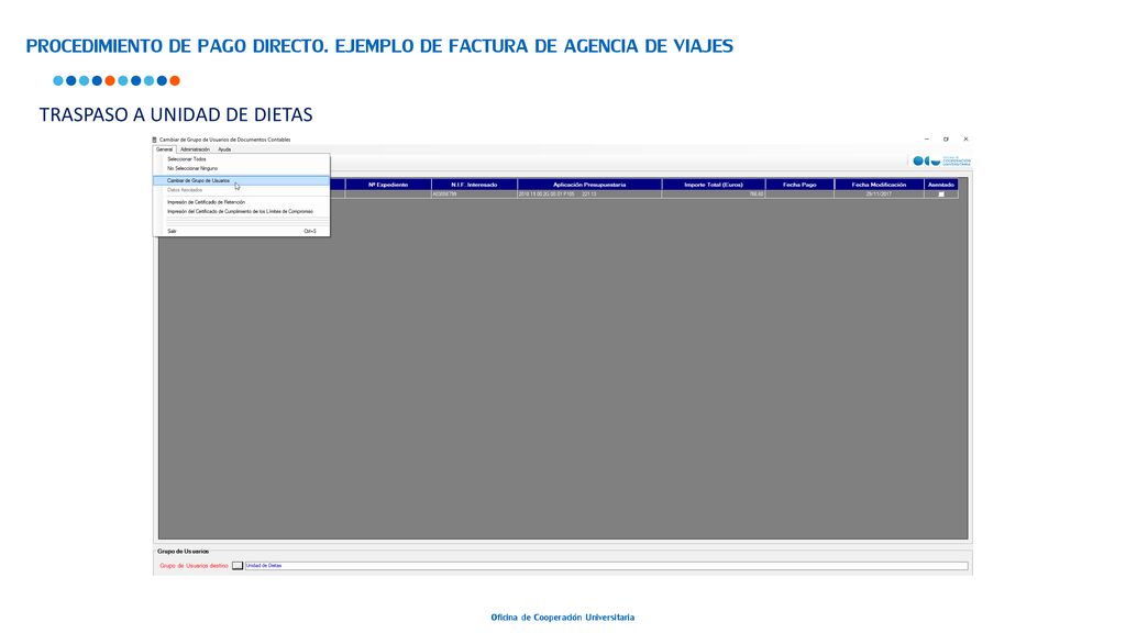 PROCEDIMIENTO DE PAGO DIRECTO. EJEMPLO DE FACTURA DE AGENCIA DE VIAJES